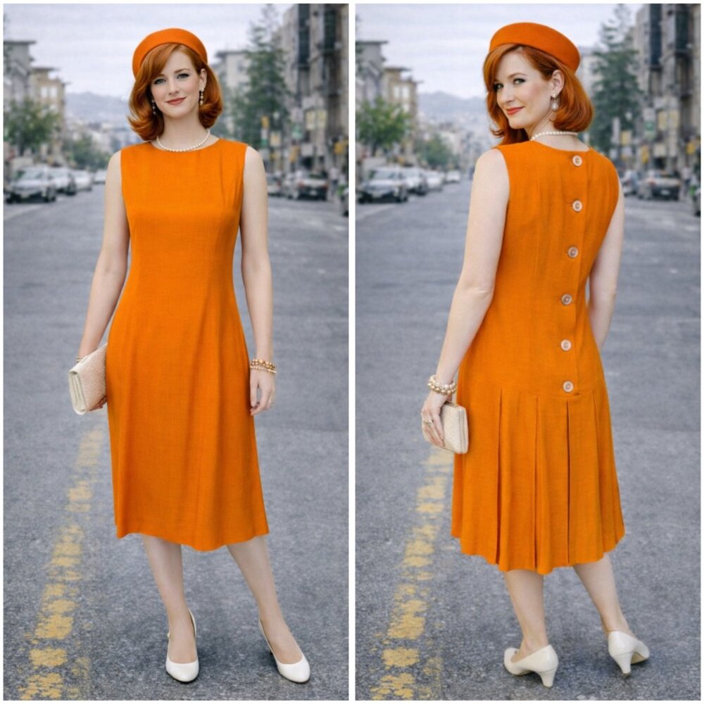 Vintage 60s Mod Tangerine Button Back Shift Dress